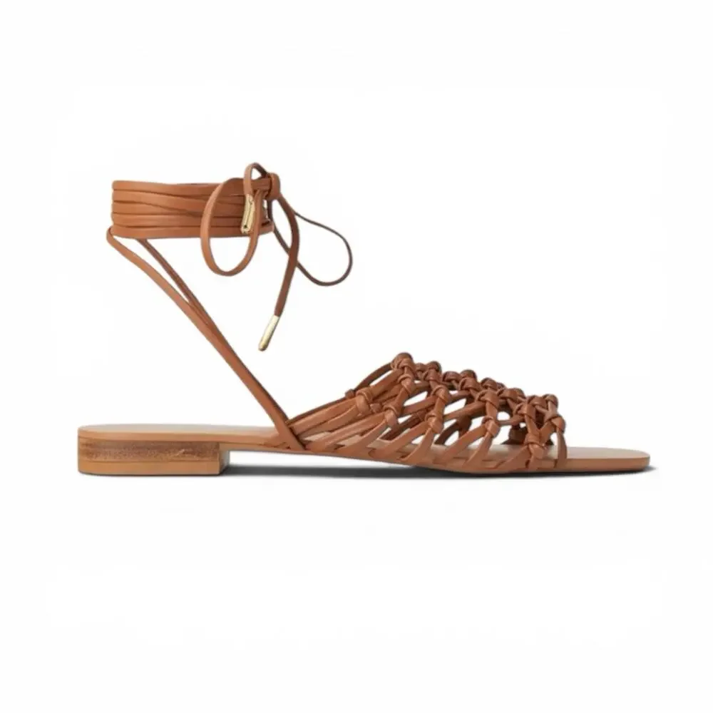 Zara Trafaluc Brown Braided Ankle Wrap Flats US Size 9 Euro 40 - Picture 2 of 8